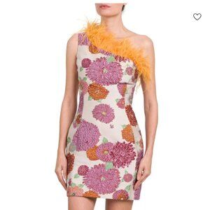 LA DoubleJ Edition 33 One-Shoulder Feather & Jacquard Mini Dress NWT